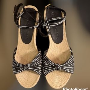 Tory Burch Women's Sz.8.5 Ribbon Wedge Espandrille Grossgrain Sandals Navy/Ivory